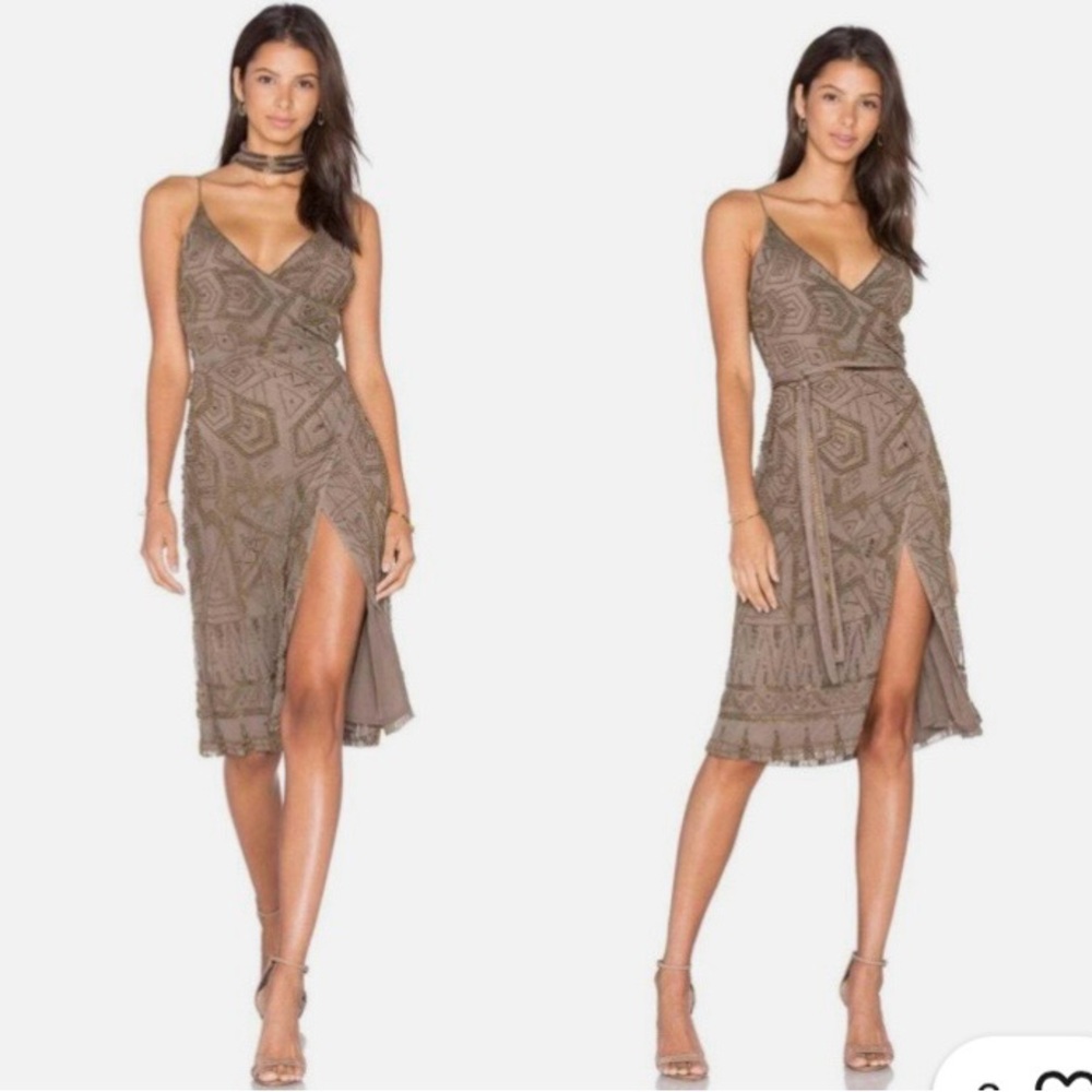 MAJORELLE - Revolve Hollyhock Taupe Embellished Beaded Dress. Size XS